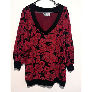 Vintage Top Notch Floral Slouchy Sweater Women’s 3X Black Red 80s 90s V-Neck